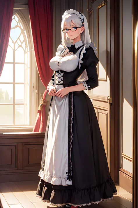 (High quality, High resolution, Fine details, Realistic), (Classic Maids Clothes), long skirt, (A room in a castle), Standing, solo, Curvy women, White hair, Black Frame Glasses, sparkling eyes, (Detailed eyes), Large breasts, Shallow depth of field