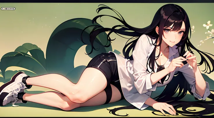 full body character, 1girl, 1 character, with long black hair, a white floral shirt, short shorts and shoes, manga style