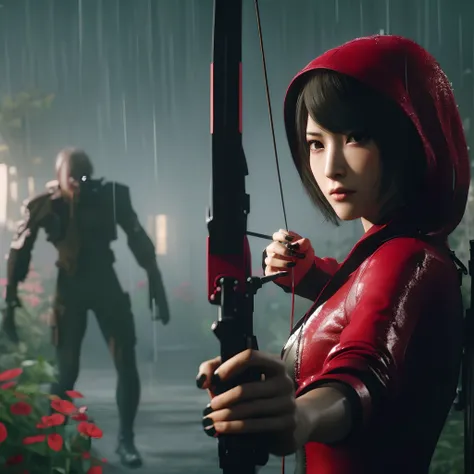 Ada wong, beautiful face, bob hair, perfect Face, wearing mini red rose dress hoody, black nail polish, glare expression, holding a gun