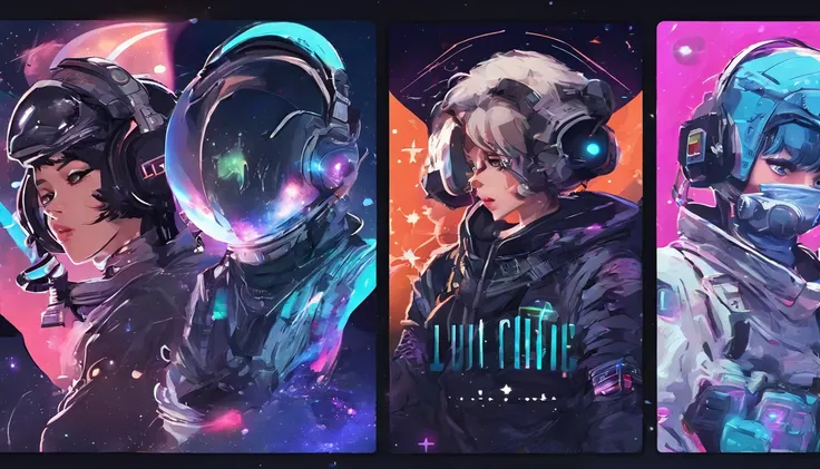 4 cards cartoon style, cyberpunk, short hair, thick eyebrows, digital punk, anime style 4K, short sleeve gaming clothes, black hair, computer room, overhead gaming headset