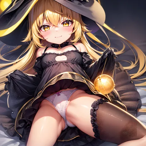 Best Quality, 8K, kawaii, kirisame marisa, glowing yellow eyes, Witch Hat,a baby face, Yellow hair, The little girl looks 6 years old, Show panties, Provocative smile, Voluptuous thighs