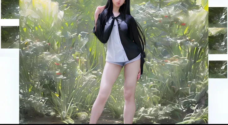 (best quality,4k,8k,highres,masterpiece:1.2),ultra-detailed,(realistic,photorealistic,photo-realistic:1.37),Full body character, (1girl:1.1, nude, naked:1.1), standing, with long black hair, a white floral shirt, short shorts and shoes, manga style, nsfw, ...