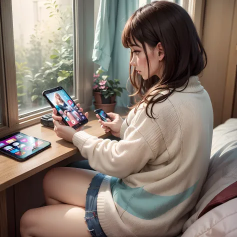 Woman sitting in bedroom watching video on mobile phone