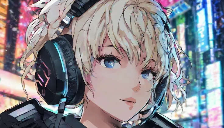 (best quality,4k,ultra-detailed,realistic),cartoon style,cyberpunk,short hair,thick hair,digital punk,anime style,blonde hair,computer room,overhead gaming headset, network on computer scrrens