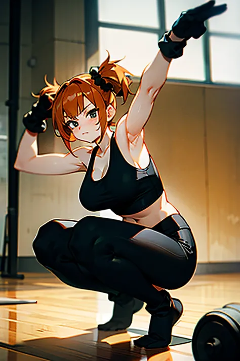 twintails, ginger hair, short hair, black eyes, large breasts, black gloves, black tank top, black yoga pants, black scrunchie, squatting, stretched arms, indoors, gym