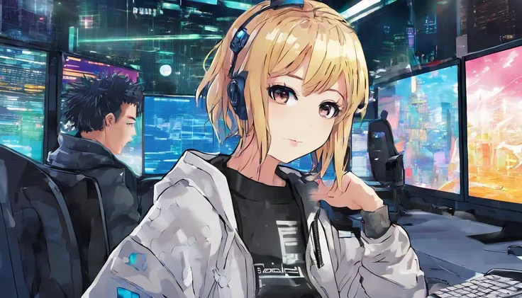 (best quality, 4k, ultra-detailed, realistic), cartoon style, cyberpunk, short blonde hair, thick hair, digital punk, anime style, computer room, network on computer screens,big ass