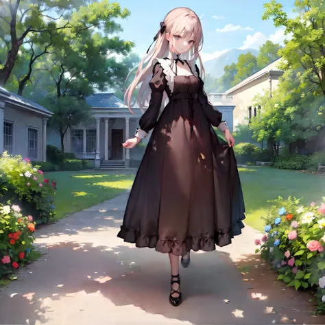 (​masterpiece、top-quality、top-quality、Official art、Beautifully Aesthetic:1.2)、((1girl in))、Stand in the garden、looking at the viewers、(Longer dress)