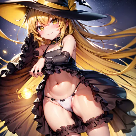 Best Quality, 8K, kawaii, kirisame marisa, glowing yellow eyes, Witch Hat,a baby face, Yellow hair, The little girl looks 6 years old, Show panties, Provocative smile, Voluptuous thighs