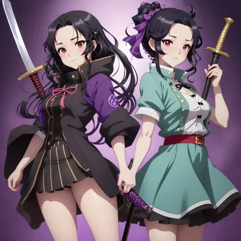 anime girl with black hair holding a sword in front of a purple background, kimetsu no yaiba, demon slayer artstyle, demon slayer shinobu fanart, shinobu from demon slayer, demon slayer, shinobu, anime visual of a young woman, anime visual of a cute girl, ...