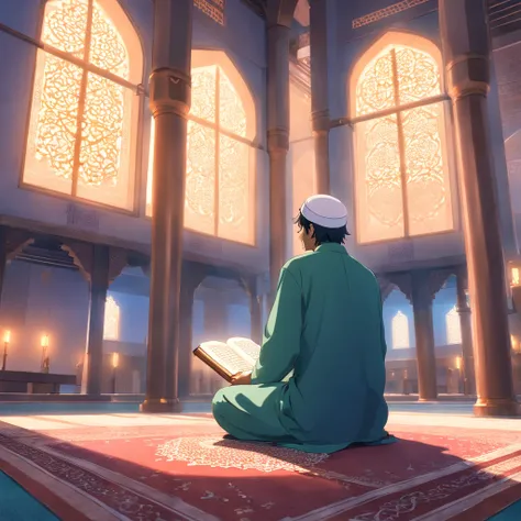 Man read quran in the mosque, back view