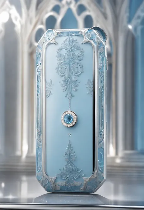 A pure white sword phone，Exquisite,（((The phone is designed with a diamond and light blue particle-effect filigree pattern：1.3))), Edge, (Symmetrical decoration:1.3), （The phone is centered：1.3), Mid-range close-up，（Overall silhouette：1.3),（Fantastic angel...