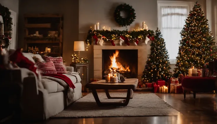 A cozy living room with a crackling fireplace, adorned with garlands, stockings, and a beautifully decorated Christmas tree.