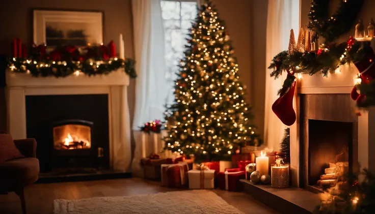 A cozy living room with a crackling fireplace, adorned with garlands, stockings, and a beautifully decorated Christmas tree.