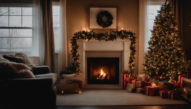 A cozy living room with a crackling fireplace, adorned with garlands, stockings, and a beautifully decorated Christmas tree.