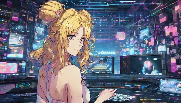 (best quality,4k,ultra-detailed,realistic),cartoon style,cyberpunk,thick hair,digital punk,anime style,computer room,network on computer screens,curvy,blonde hair,,nude,huge breasts,pose