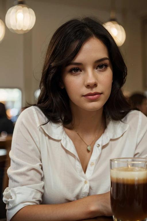 (Lana Casey) person in cafe, bokeh, soft lighting, gorgeous, dark hair, her name is Lana Casey, european look.