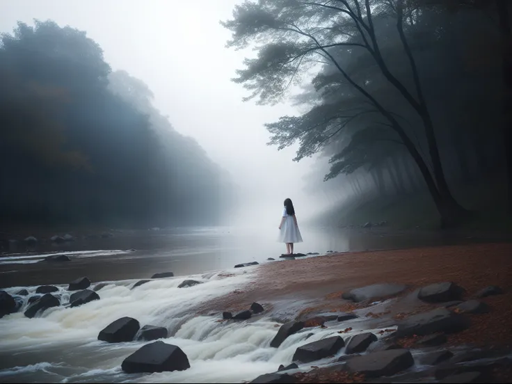 River, Girl in white dress, Warm light, Night,  Fog