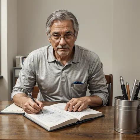 Realistic style, older man with gray hair, sitting at desk, drawing in sketchbook