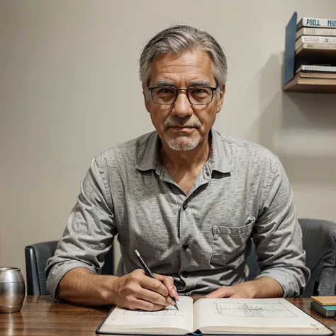 Realistic style, older man with gray hair, sitting at desk, drawing in sketchbook