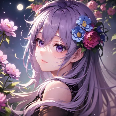 Starry sky, Moon, Clouds, Maiden looking up at the starry sky, Long hair, field, (((Blue-violet lot))), ((A lot of peony flowers)), ((vine)), ((fronds)), ((intricate image)), (Detailed depiction))), (Delicate face))), Brilliant colors, (((Ultra-fine hair d...