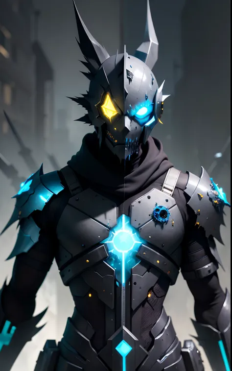 (black and blue zombie protogen,metal sword),[dystopian,post-apocalyptic:0.9],[glowing yellow eyes],[shattered glass,metallic shards],[decaying robotic features],[ominous atmosphere],[grim and dark,low-key lighting],[sinister aura],[detailed metallic textu...