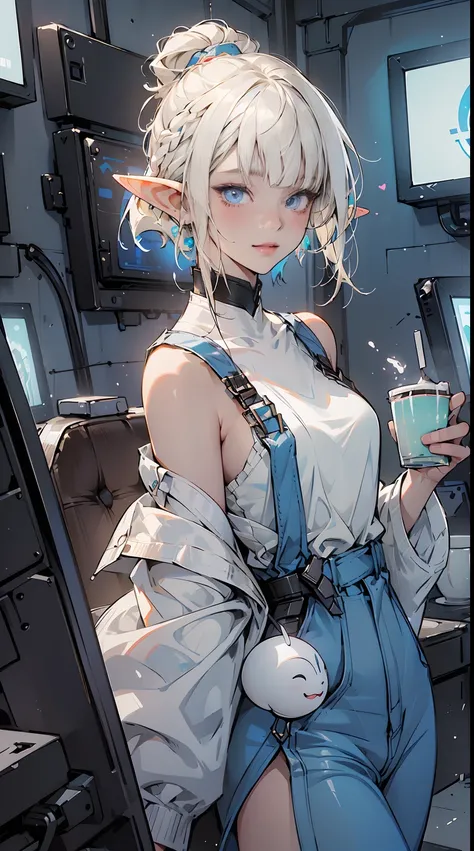 (1elf girl), (beauty elf girl), ((ultra-high picture quality)), masterpieces, A whimsical illustration captures the serene ambiance of a morning at the cafe, where a contented elf enjoys a moment of repose, engrossed in sipping a delicious cup of coffee, w...