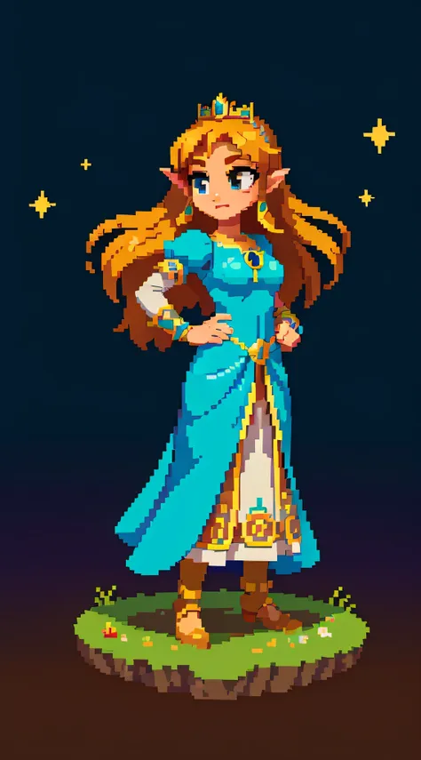 princess zelda portrayed in a pixel art style, standing gracefully against a simple background of a starry night, her iconic dre...