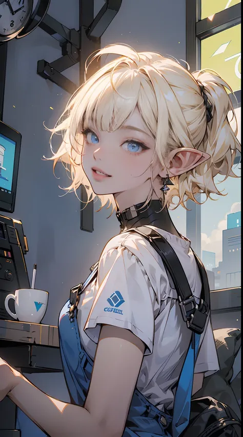 (1elf girl), (beauty elf girl), ((ultra-high picture quality)), masterpieces, A whimsical illustration captures the serene ambiance of a morning at the cafe, where a contented elf enjoys a moment of repose, engrossed in sipping a delicious cup of coffee, w...