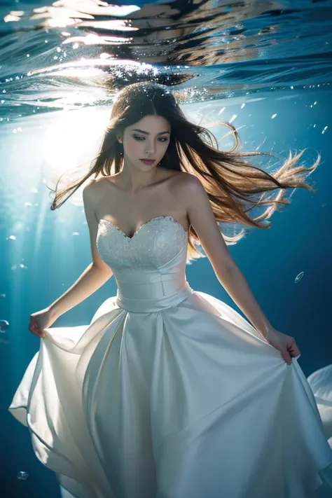 wedding dress flowing under water, photorealism,