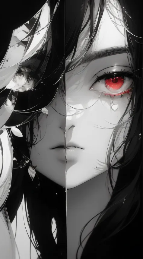 black and white，absolutely beautiful women，bust，broken mirror，black and white split，red tears，black and white painting，broken，su...