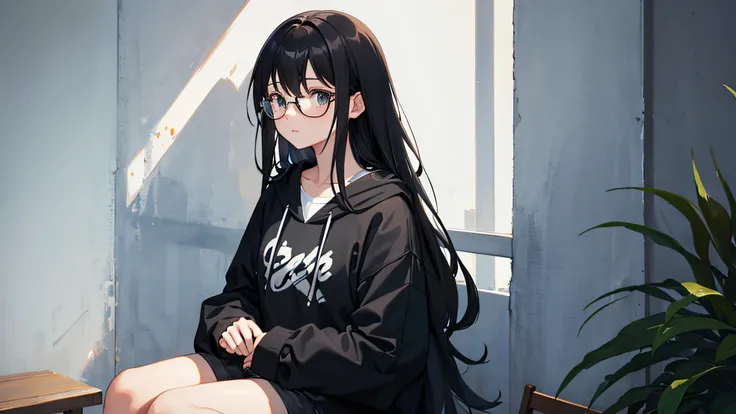 {Watercolor painting},Solo, One girl,painting of beautiful,Medium Long Hair,Black shorts,Eyes without light, Disheveled and unkempt black hair, Black eyes, Glasses, Dark blue hoodie, Lack of motivation, Sat down