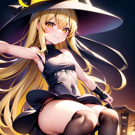 Best Quality, 8K, kawaii, kirisame marisa, glowing yellow eyes, Witch Hat,a baby face, Yellow hair, The little girl looks 6 years old, Show panties, Provocative smile, Lifting thighs