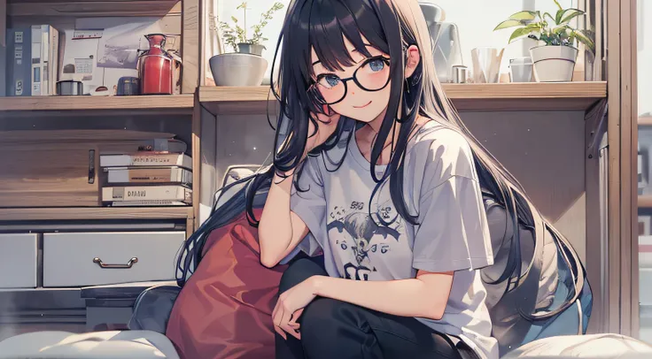 Girl with long black hair and glasses、hightquality、A slight smil、tshirts、look up to、up of face、livingroom、Alone