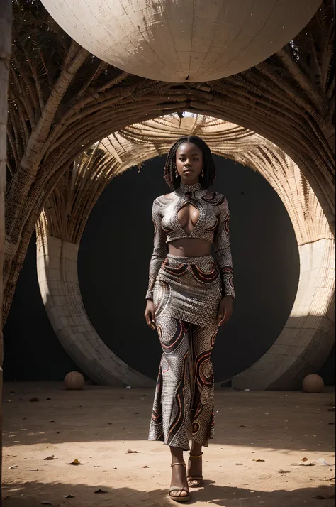 Low angle shot of African woman dressed in African designed clothes made of beads and leaves, standing in a futuristic empty space full of floating spherical drones, red sky reflected on the reflective ground surface, grey light shining in the scene giving...