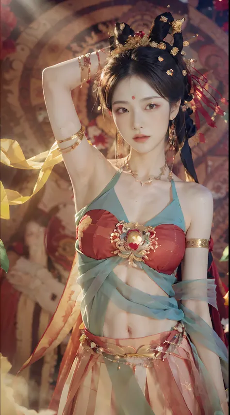 (8k, RAW photo, best quality, masterpiece: 1.2), (realistic, photorealistic photoreal: 1.4), (very detailed CG unity 8k wallpaper), (1 girl), dance, dunhuang_dress, dunhuang_style, dunhuang_background, arm up, gold jewelry, ancient Chinese hairstyle, tulle...