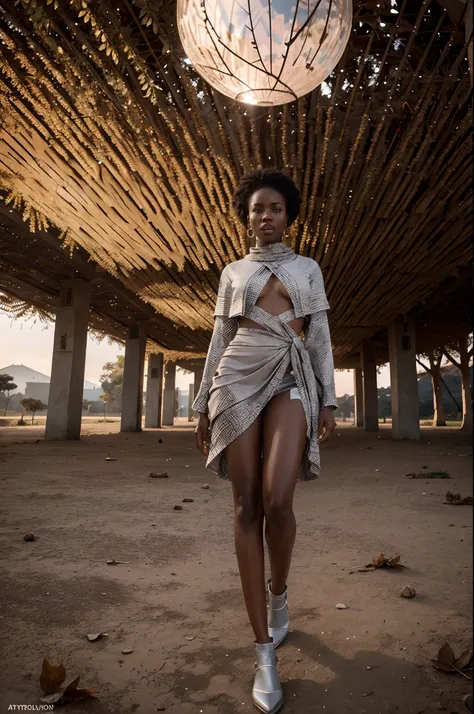 Low angle shot of African woman dressed in African designed clothes made of beads and leaves, standing in a futuristic empty space full of floating spherical drones, red sky reflected on the reflective ground surface, grey light shining in the scene giving...