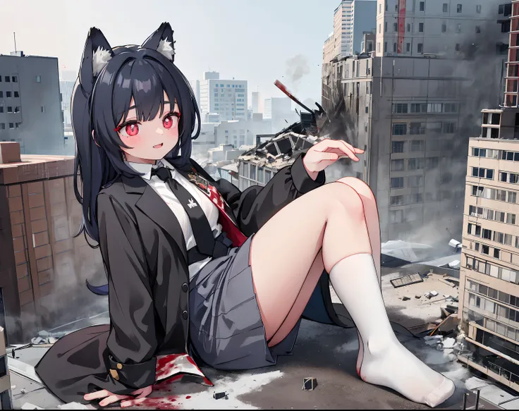 1girll, 16 yaers old, full bodyesbian, Bigger than the building,No shoes，{Black stockings}，black sock，Black jacket with white shirt ，Blue tie，Black hair，Wolf ears，Light red eyes，A cold expression， Destroyed buildings, Sit on a destroyed building，The one wh...