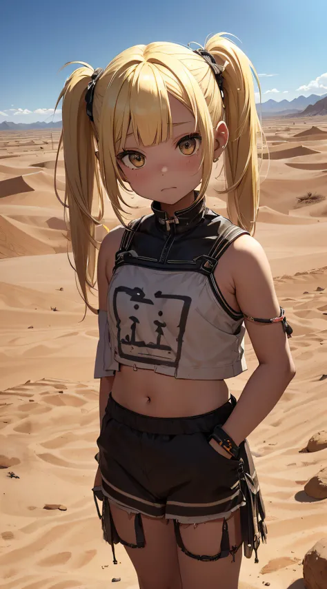 10-year-old girl with yellow hair。Being in the desert。Wearing tattered clothes。Has a large scoop。desert background。Skeletons are buried here and there。chiquita。The skin is hidden。twintails hairstyle。Have a scoop。The background is a desert where skeletons a...