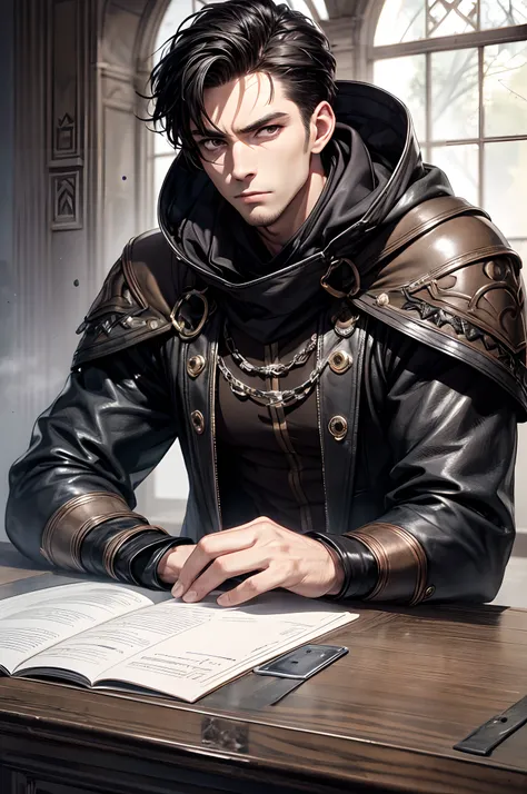 (absurderes, hight resolution, ultra-detailliert), 1 male, Adult, Handsome, High muscular face, broad shoulders, finely detailed eyes, Short black hair, Brown eyes, Black cloak, Wearing a hood, Leather Vest, Leather bag at waist., 2 daggers on the belt, ca...