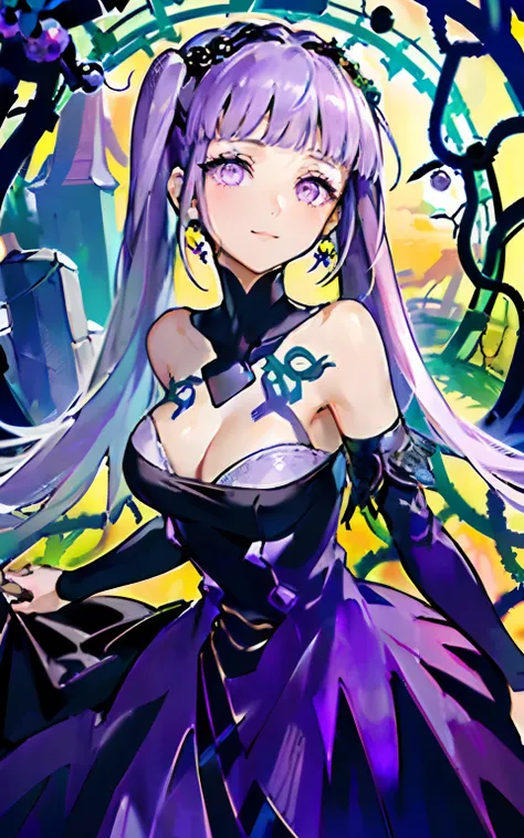 ((masterpiece:1.4、top-quality))+、(ultra-detailliert)+、(Ultra detailed eyes)+、
(pretty 1girl)、15yo student、(a purple eye:1.15)、silber hair、Very long hair、(wariza:1.2)、pale skin、a closed mouth、mournful、
(She is dressed in a gown made of intertwining vines:1...