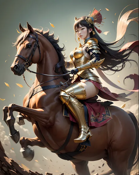 A valiant Chinese beauty, superbly beautiful, clad in light armor, gleaming with gold, riding a high horse, holding a carved wooden bow, bending it and ready to shoot out --auto --s2