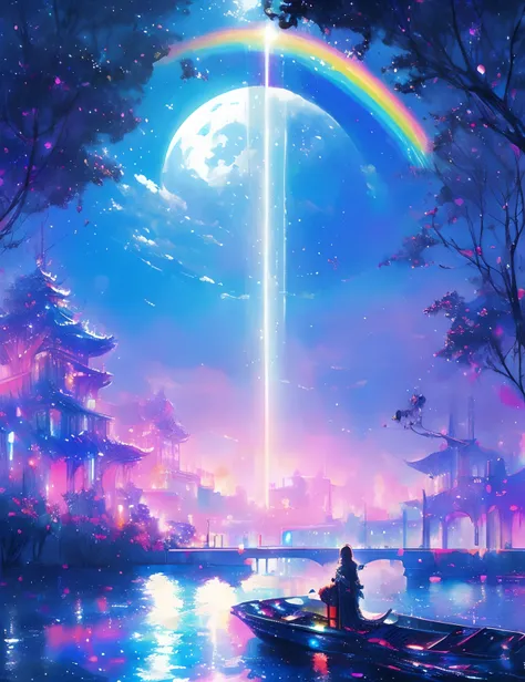 metropolitan、Colorful Metropolitan Museum of Art、River painting with stars and moon in rainbow sky、the met、Shining skyscrapers、Shine across the board、Skyscrapers、Concept art inspired by Mitsuoki Tosa、pixiv contest winners、top-quality、Fantasyart、beautiful a...