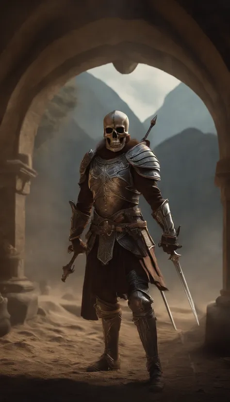 (best quality,4k,8k,highres,masterpiece:1.2),ultra-detailed,(realistic,photorealistic,photo-realistic:1.37),skeletal warrior in armor,holding a sharp sword,standing, focusing on the skull, hyper-detailed full-body portrait, surreal artwork, horror genre, d...