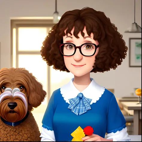 Frau mit dunklen Haaren, big nose and glasses next to bright Labradoodle in Pixar style