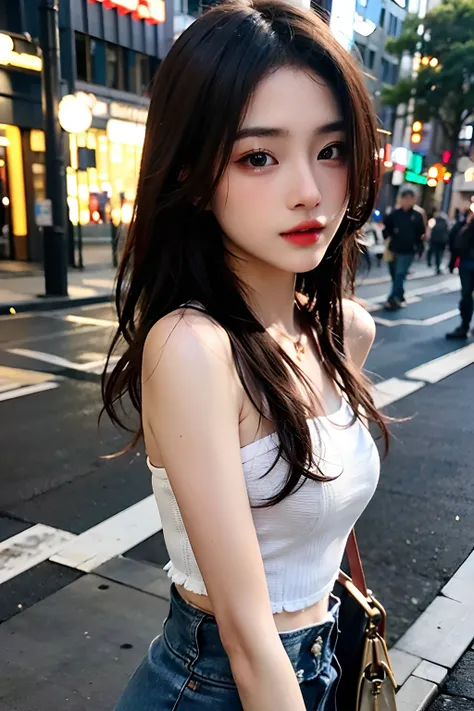 超A high resolution、​masterpiece、top-quality、extra detailed face、A detailed eye、Very complex and、perfect glossy shiny skins、Perfect litthing、Detailed Lighting、Dramatic shadows、光线追踪、1 girl in、cowboy  shot、Casual Fashion、In the street、Harajuku、(Shy smile:0.6)...