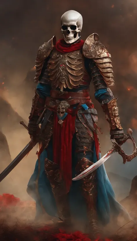 A bloody skeleton warrior，is dressed in armor，Holding a sharp sword in his hand，The character is standing，Surreal art