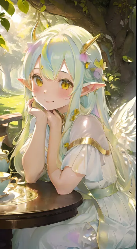 colorful flower々Forest in full bloom,dense vegetation,Big forest,Fluffy pale golden hair,Eyes pale yellow-green,Elven ears,Unicorn horns,Luxurious and voluminous white dress, The hem of the dress is long enough to reach the ground,coloured butterflies々Jump...