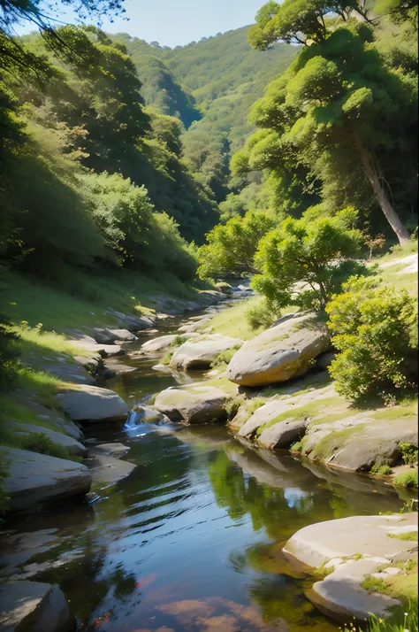 lush paradise, valley, mountains in the distance, blue sky, sunshine, grass is light blue, trees are blue, small creek with crystal clear water. Peaceful.