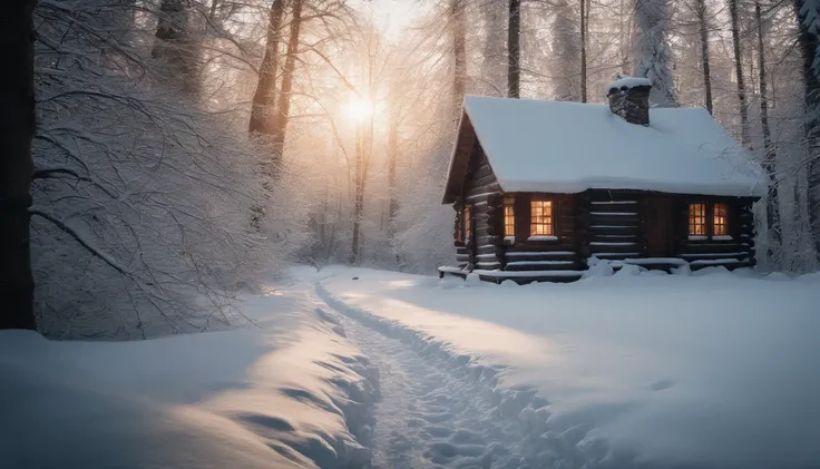 A scenic winter forest with snow-laden branches, where a pathway leads to a hidden cabin glowing with warm light and surrounded by frost-kissed trees.