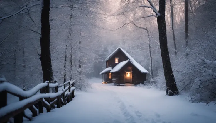 A scenic winter forest with snow-laden branches, where a pathway leads to a hidden cabin glowing with warm light and surrounded by frost-kissed trees.